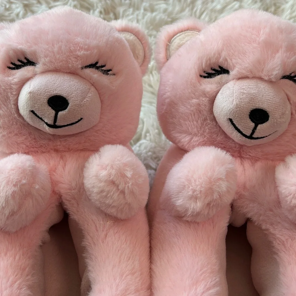 Old Navy Faux-Fur Pink Teddy Bear Critter Soft Plush Slippers for Girls XL (3-4)